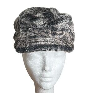 Faux Fur Winter Hat Cap Gray Leopard Print One Size